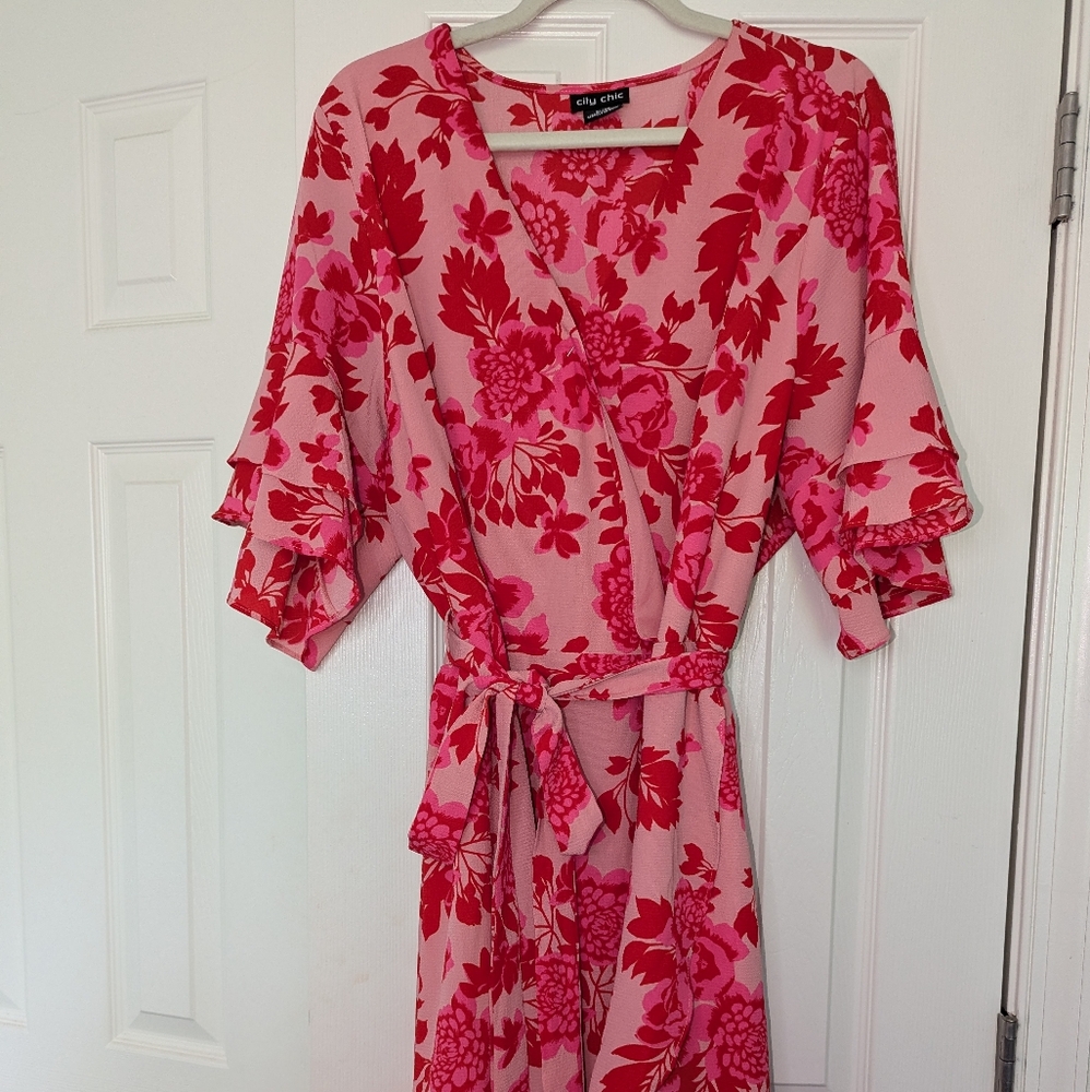 City Chic Scarlet Pink & Red Floral Faux Wrap Dress 22